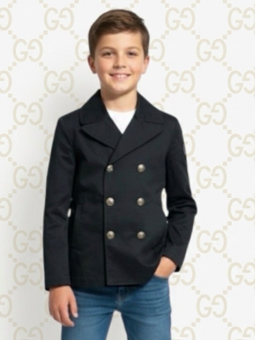 Authentic Gucci luxury designer signature military style navy jacket sz boys 6